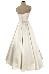 Gorgeous 1950s Emma Domb Ivory Matte Satin Dress w Sequin & 3D Flower Detailing