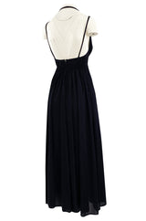 1970s Frank Usher Black Jersey Maxi Dress w Deep Front Plunge & No Back