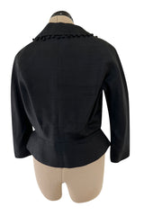 Gorgeous 1950s Unlabeled Black Silk Jacket w Silk Ball Fringe Detailing