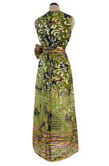 Fabulous 1960s Unlabeled Metallic Green Organza Dress Set w Matching Hot Pants & Gold Trim