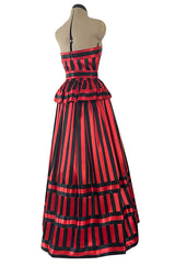 Stunning 1970s Victor Costa Red & Black Striped Satin Finish Strapless Dress