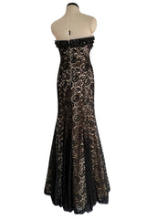 Gorgeous 1990s Isaac Mizrahi Couture Strapless Nude & Black Lace Dress w Beaded Bodice