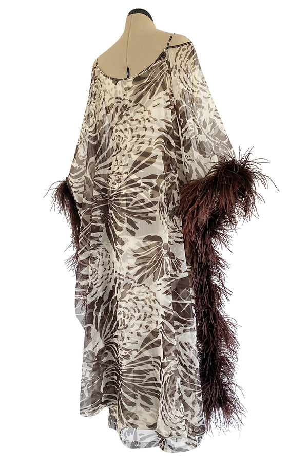 1960s Unlabeled Brown Floral Print Chiffon Caftan Dress w Feather Trim & Bare Shoulder Cut