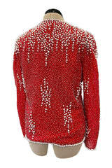 Prettiest 1980s Victoria Royal Faux Pearl & Silver Tube Bead Red Jacket