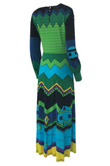 1970s Louis Feraud Turquoise & Green Printed Jersey Maxi Dress