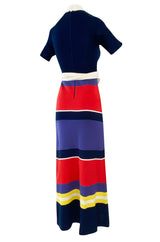 c.1972 Lanvin Bright Navy, Cornflower, Yellow, Red & White Stripe Knit Dress W Belt