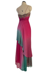 1980s Vicky Tiel Couture Pink & Greem Silk Chiffon Dress w Bead & Sequin Bodice