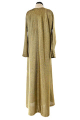 Fantastic 1970s Halston Metallic Gold Lame Lurex Full Length Caftan Dress w Notched Neckline