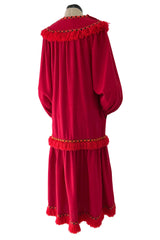 Runway Fall 1977 Yves Saint Laurent Red Wool Smock Dress w Fringe Yarn Detail