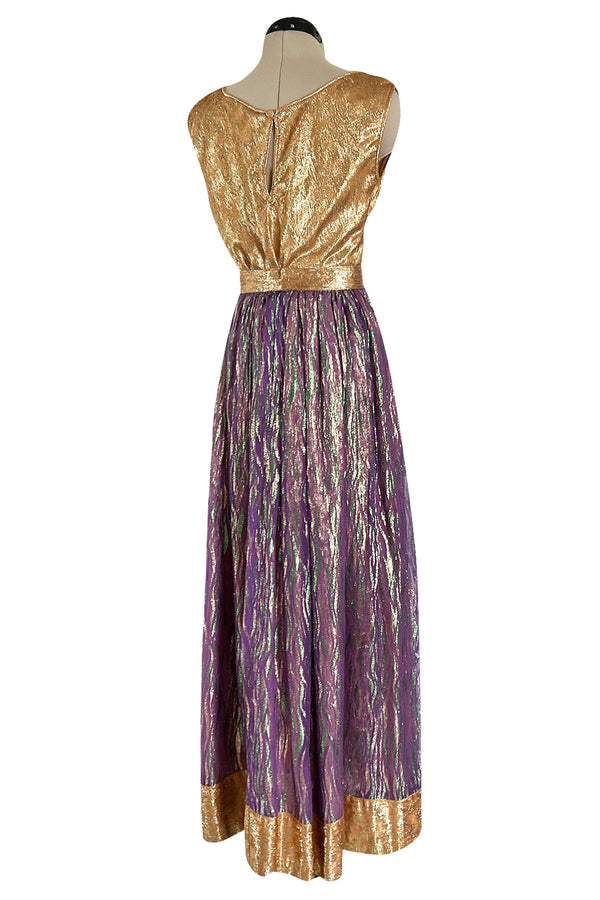 Fabulous 1970s Adolfo Metallic Gold, Green and Purple Silk Skirt, Tassle Belt & Top Set