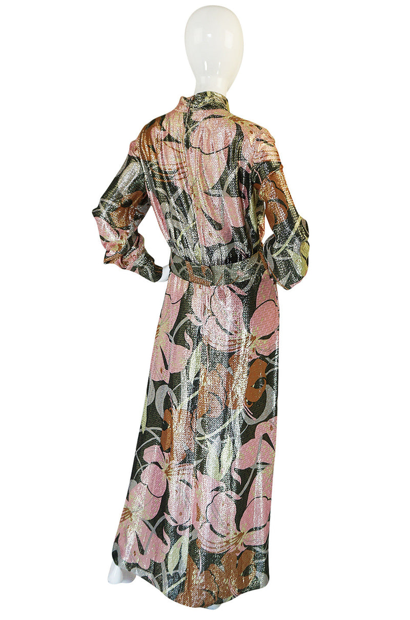 1970s Harry Levine Pink Print Lurex Lame Pocket Dress