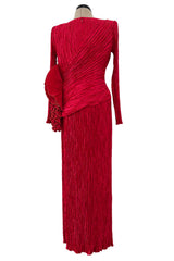 Runway Fall 1988 Mary McFadden Couture Red Pleated Dress w Gold Edged Ruffle Detailing