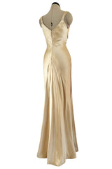 Iconic Fall 1980 John Anthony Couture Plunge Front Gold Silk Charmeuse Halter Dress w Bare Back