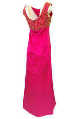 1960s Malcolm Starr Vibrant Pink Silk Satin Dress w Beaded Bodice