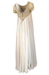 c.1958-1965 Helen Rose Hand Beaded Ivory Silk Chiffon & Gold Dress