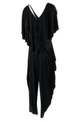 1970s Holly's Harp Black Jersey Ruffled Edge Pant & V Front Top Set
