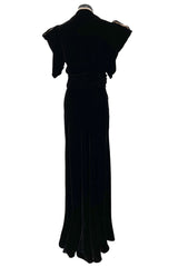 Incredible 1930s Black Silk Velvet Wrap Bias Cut Dress w Elaborate Metal & Bead Belt