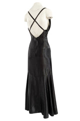 c.1984 John Anthony Black Metallic Lame Jersey Dress w Very Deep Front Plunge & No Back