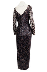 1980s Vicky Tiel Couture Fitted Metallic Net Dress w Extensive Black Sequin Detailing