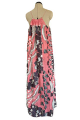 Recent Chloe Dusty Pink Easy to Wear Fringe Feather Applique Caftan Halter Dress