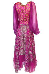 c1969 Thea Porter Couture Gold Brocade & Silver Metal Embroidered Fuchsia Dress