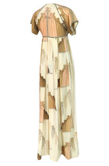 1960s Jean Varon Slit Front Empire Waist Art Deco Print Dress