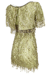 1991 Bob Mackie Gold Sequin Dangle Thread on Metallic Lace Mini Dress