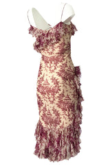 2000s John Galliano Purple Floral Print Silk Bias Cut Ruffle Dress