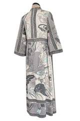 1960s Bessi Pastel Grey Pink & Turquoise Silk Jersey Print Dress w Wide Cut Sleeves