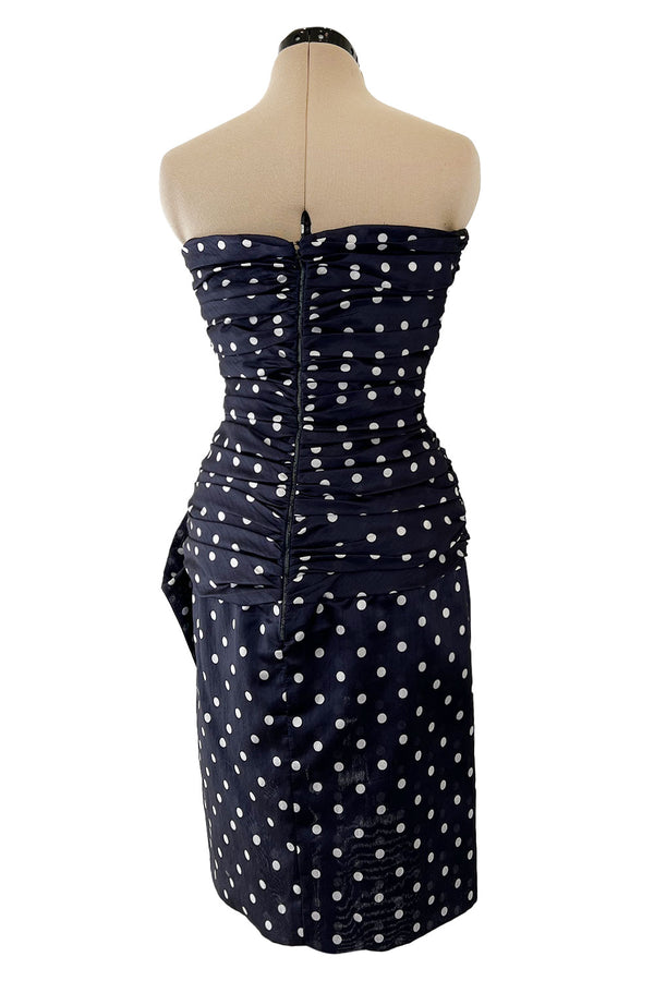 1980s Loris Azzaro Deep Blue Silk Strapless Dress w White Dots & Unusual Skirt