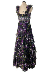 Prettiest Spring 2010 Oscar de la Renta Purple Silk Chiffon Ruffle Dress w Jewel Waistband