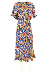 1930s Unlabeled Bias Cut Floral Print Silk Crepe Dress & Crop Jacket