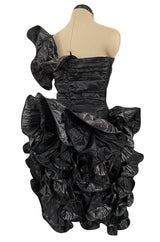 Incredible Fall 1985 Christian Dior by Marc Bohan Black Silk Taffeta Dress w Extravagant Ruffles