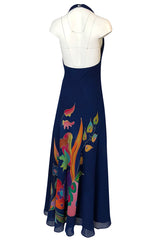 c.1972 Unlabeled Karl Lagerfeld Chloe Hand Painted Halter Dress & Scarf