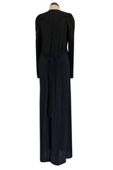 Incredible 1960s Ossie Clark Black Moss Crepe Dress w Capped Shoulders
