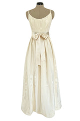 Incredible 1970s Mollie Parnis Ivory Silk Moire Halter Dress w Matching Feather Trim Jacket