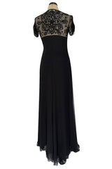 Stunning 1990s Valentino Black Silk Chiffon Dress w Sheer Beaded Net Bodice