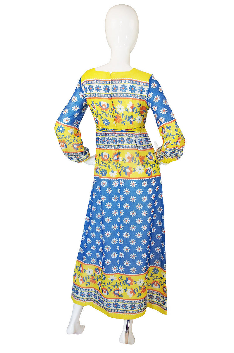 1960s Yellow & Bue Floral Print Cotton Maxi Dress