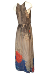 1970s Hanae Mori Sunrise & Large Floral Print Silk Chiffon Halter Dress