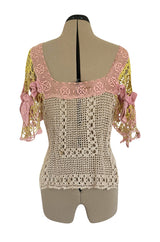 1960s Handmade Crocheted Crop Top w Open Front Pink Sleeves & Gold Metallic Accents