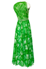 1960s Victoria Royale Green & White Print Silk Chiffon Beaded Dress