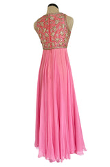 1960s Pat Sandler Pink Silk Chiffon Dress w Rhinestone & Gold Metal Cord Bodice Detailing