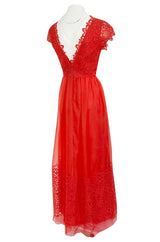 Resort 2015 Alberta Ferretti Red Silk Organza & Embroidered Lace Open Cut Work Dress
