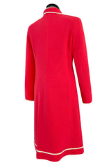 1980s Valentino Textured Wool Long Cut Jacket & Skirt Set in a Vivid Coral w Cream Trim