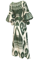 2018 Zazi Handmade Vintage Green & Ivory Cotton Ikat Caftan Dress