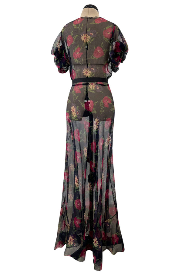 Prettiest 1930s Bias Cut Transparent Floral Print Silk Crepe Chiffon Dress w Capped Sleeves