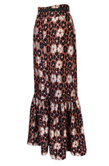 Early 1980s Madame Gres Silver Thread Ruffled Floral Print Maxi Skirt