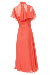 Prettiest 1970s George Stavropoulos Coral Silk Chiffon Dress Capelet & Sash