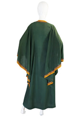 1960s Deep Green Embroidered Wrapped Cotton Caftan Dress