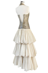 Rare Late 1920s Early 1930s Howard Greer Silver Beaded Halter Dress w Silk Tulle Net Tiered Skirt